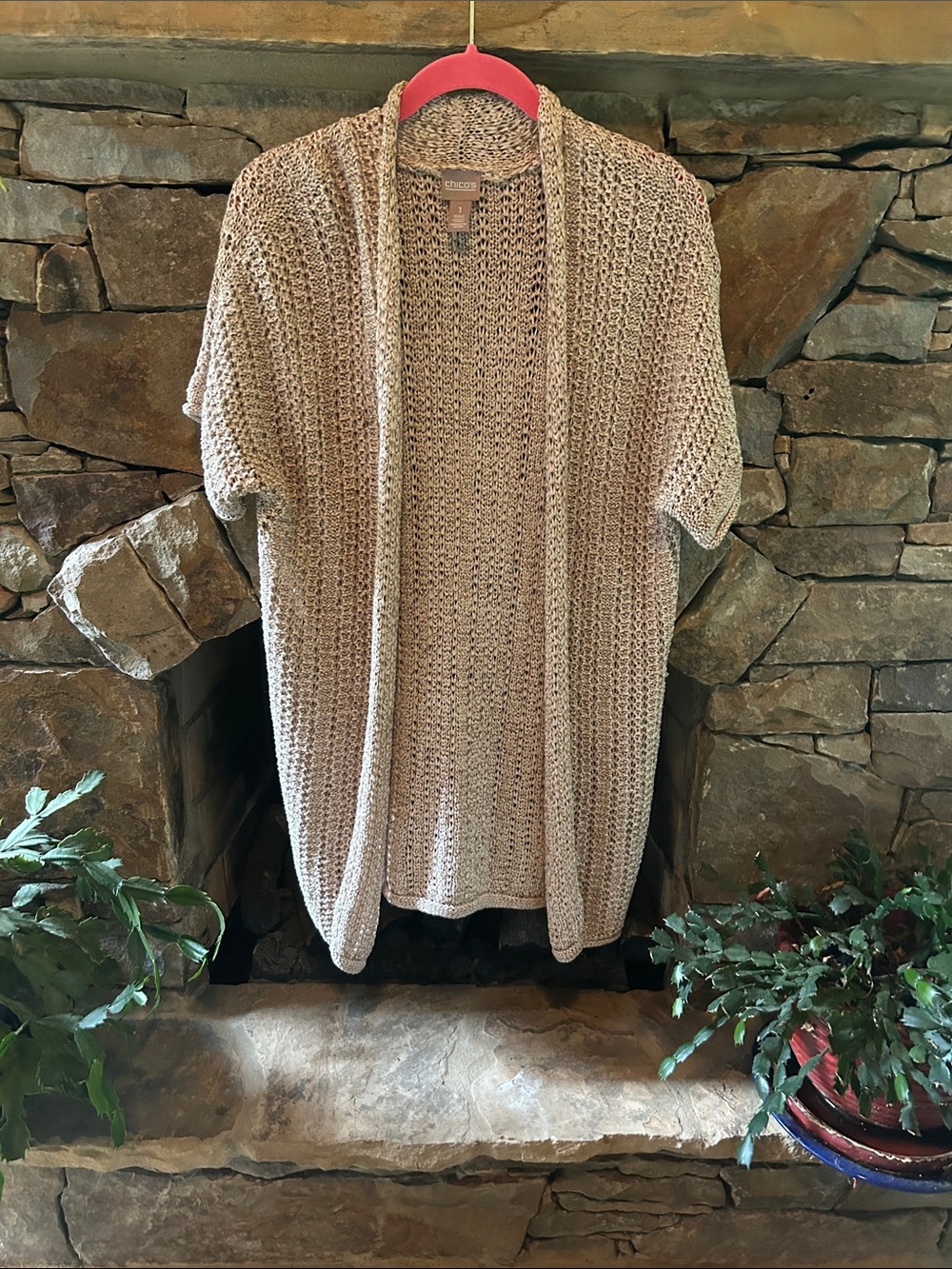 Chico's Open-Front Short Sleeve Cardigan Taupe Cream; Open Knit Weave; Size 1